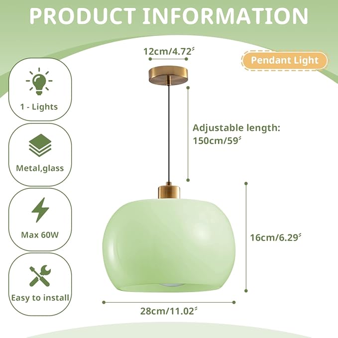 3 Pack Green Glass Globe Pendant Lights, Mid Century Modern Hanging Lighting for Hallway Foyer Living Room Kitchen