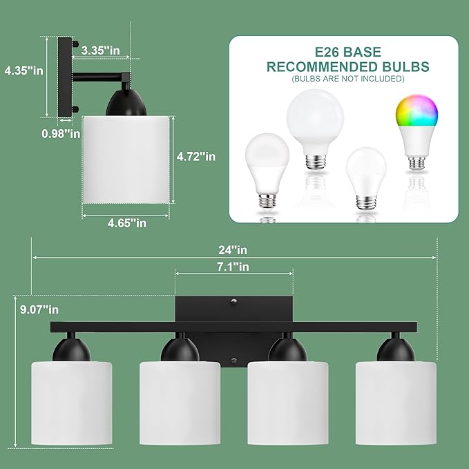Black Bathroom Lighting Fixtures Over Mirror, 4-Light Anti-Rust Vanity Light for Bathroom, 24Inches Modern Wall Sconce, Standard E26 Base, Milky White Glass Shades, Bulbs Not Included