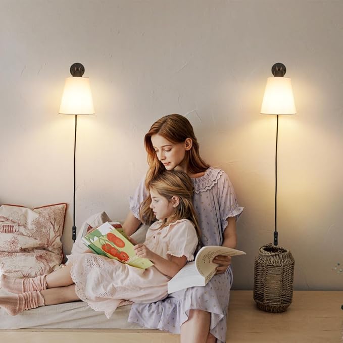 Plug in Wall Sconces Set of Two, Wall Lamp with Plug in Cord, Black Wall Sconce Light Plug in, Bedside Wall Mounted Light with Fabric Linen Shade, Plug in Wall Decor for Bedroom Living Room
