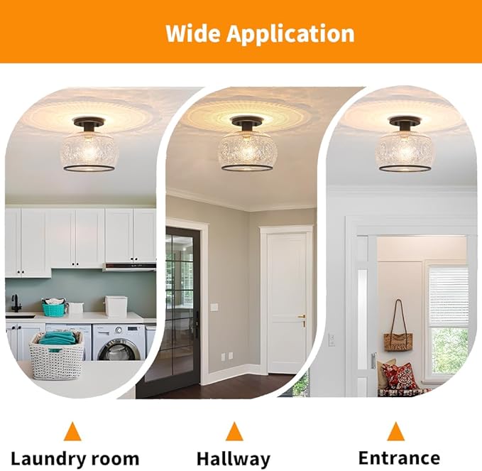 Black Vintage Semi-Flush Mount Ceiling Light with Globe Glass. Ideal for Small Kitchen, Closet, Hallway, Entryway, and Bathroom Lighting