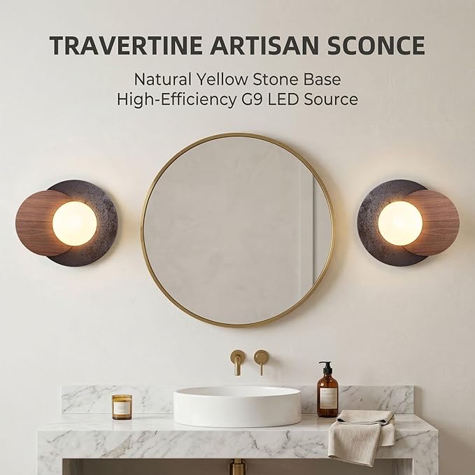 Natural Travertine Wall Sconce, Minimalist Walnut & Stone Wall Light with G9 LED Bulb, Modern Geometric Globe Wall Lamp for Bedroom Bedside, Hallway, Living Room, Warm Organic Decor