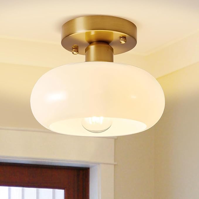 Semi Flush Mount Ceiling Light, Mid Century Modern Gold Light Fixture with Milk Glass Shade 8.66''Vintage Ceiling Lamp for Entryway Hallway Foyer, Laundry Room, Schoolhouse