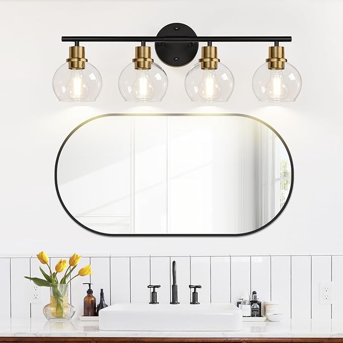 Indoi 4-Light Bathroom Light Fixtures, Black and Gold Bathroom Lights Over Mirror with Clear Glass Globe Shade, Vanity Lights for Bathroom Kitchen Living Room Hallway Cabinet Bedroom Porch