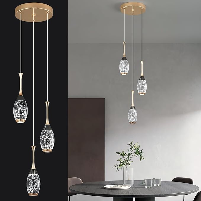 Modern Black Gold Pendant Light Dimmable LED Ceiling Light Fixtures Mini Teardrop Crystal Pendant Lighting for Kitchen Island Bedroom Hallway Entryway (3 Light，Champagne Gold)