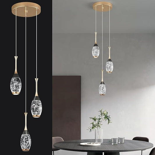 Modern Black Gold Pendant Light Dimmable LED Ceiling Light Fixtures Mini Teardrop Crystal Pendant Lighting for Kitchen Island Bedroom Hallway Entryway (3 Light，Champagne Gold)