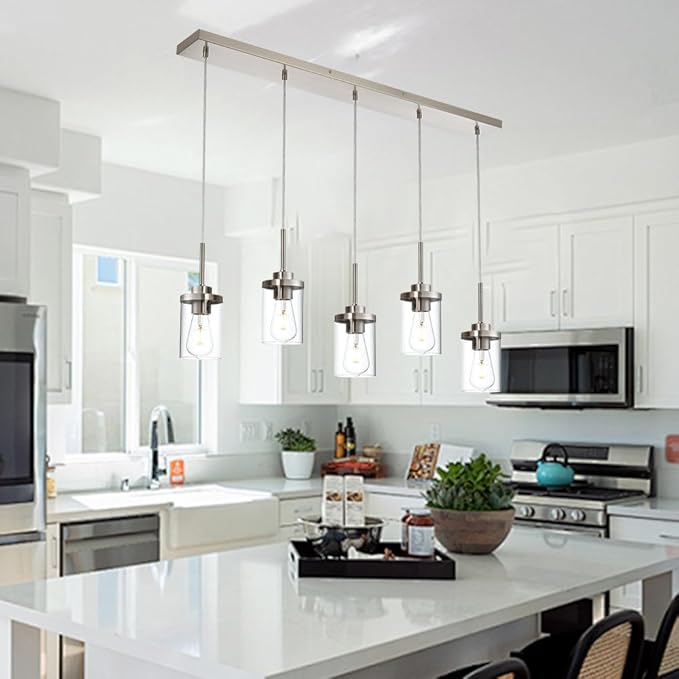 5 Lights Island Lights for Kitchen Modern Industrial Brushed Nickel Linear Chandeliers with Clear Glass Shade for Dining Room Kitchen Long Finish Ceiling Lighting Fixtures