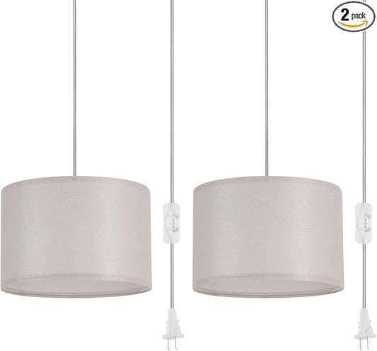 2 Pack Plug in Pendant Light, Hanging Light with 15Ft Clear Cord, On/Off Switch, Beige Yellow Fabric Lamp Shade, Hanging Light Fixture for Bedroom, Kitchen