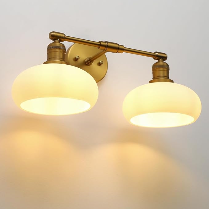 Pathson 2-Lights Milky Glass Wall Sconce, Hardwired Double Head Bathroom Sconces, Vintage Wall Lamps for Vanity Mirror, Living Room, Bedroom, Farmhouse Lighting