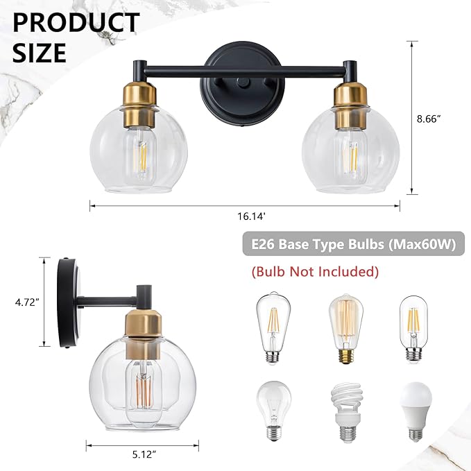 Bathroom Light Fixtures,2-Light Modern Bathroom Vanity Light,Black and Gold Wall Sconce with Clear Glass Globe Shades,Adjustable Brightness Wall Lights for Kitchen,Bedroom,Hallway,Living Room