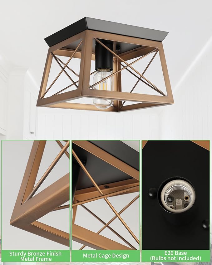 Farmhouse Bronze Flush Mount Ceiling Light - 1-Light Industrial Kitchen, Rustic Flush Mount for Hallway, Entryway, Foyer, Dining Room, Bedroom