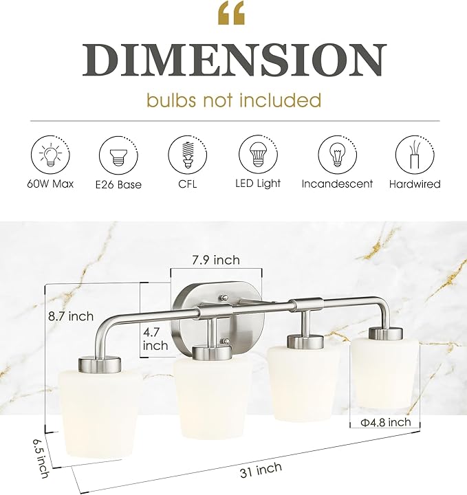 Bathroom Light Fixtures Over Mirror, 4-Light Brushed Nickel Vanity Lighting Fixtures with Milk White Glass, Vintage Farmhouse Wall Sconces Lighting, AD-22004-4W-SN