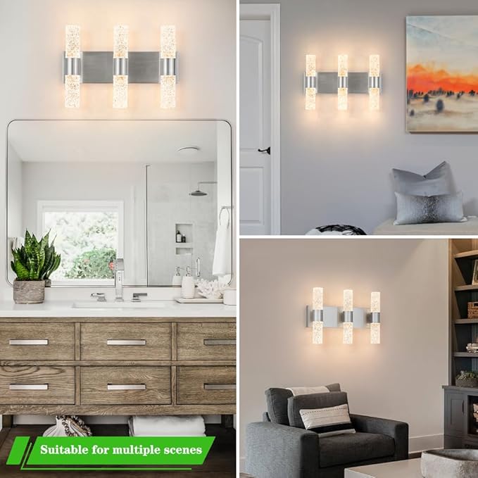 Modern Vanity Light, LED Vanity Light Fixture Brushed Nickel, Crystal Bathroom Lighting Fixtures over Mirror, Wall Lighting Fixtures for Bath, Wall Sconce for Bedroom Living Room, 27W Warm White