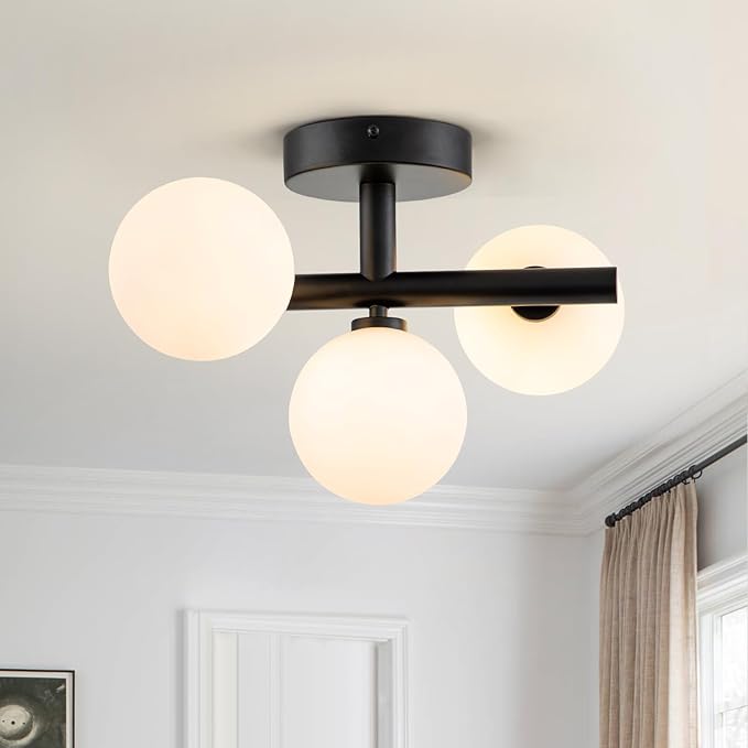 EDISLIVE 3-Light Semi Flush Mount Ceiling Light Frosted Globe, 13in Mid Century Modern Sputnik Light Fixture Ceiling with Milk Glass Shade for Bedroom Entryway Dining Room Black Finished