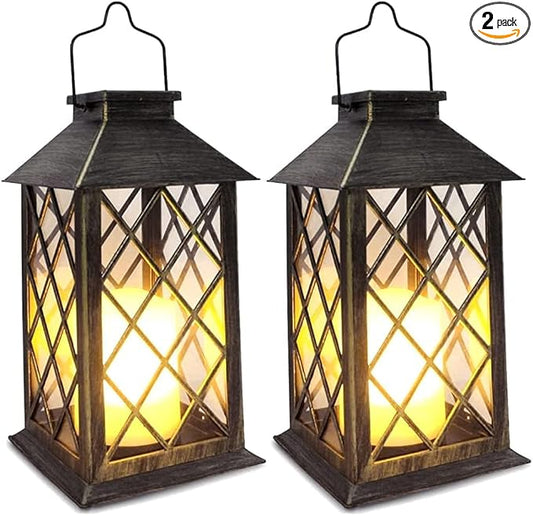 SHYMERY Solar Lantern,Outdoor Garden Hanging Lanterns,2 Pack 14 Inch Lasts 3X Longer 10 lumens Waterproof LED Flickering Flameless Candle Mission Lights for Table,Outdoor,Party Decorative