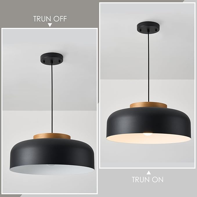 Modern Large Pendant Light Fixture, 17.7 inch,Natural Wood Cap, Matte Black Finish, Simple Pendant Lighting for Kitchen Island, Dining Room, Table