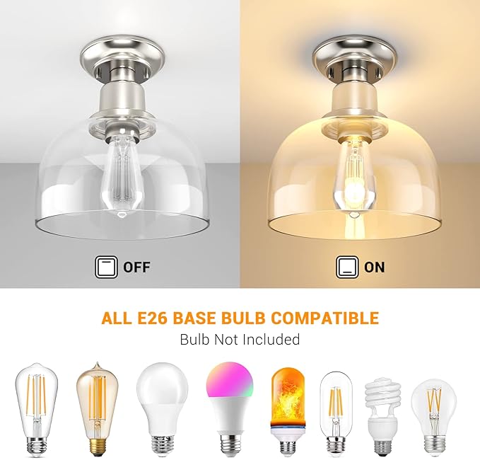 EAPUDUN Semi Flush Mount Ceiling Light, Modern Light Fixture with Clear Glass Shade, Brushed Nickel Finish for Hallway Corridor Kitchen Bathroom Bedroom Passway, FMA1123-BNK