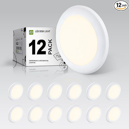 ASD 12 Pack LED Disk Lights 6 Inch, 15W 3000K Warm White 1200LM CRI90+, Dimmable Flush Mount Ceiling Light Fixture, Low Profile Surface Mount Disc, Junction Box & Recessed Can Install, ETL Energy Star