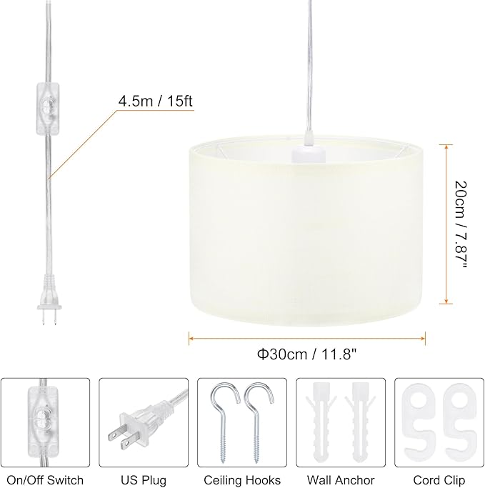 PATIKIL Plug in Pendant Light, 2 Pack 15Ft Rope Cord Hanging Lamp Fixture with ON/Off Switch, Linen Fabric Shade E26/E27 Bulb Socket for Bedroom Kitchen Living Room, Coarse Linen White