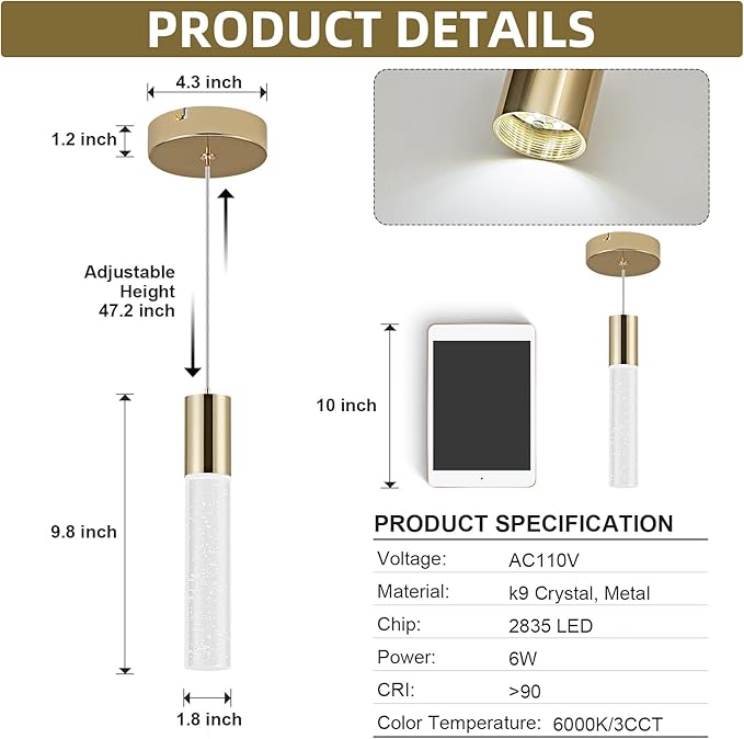 OKELI Modern Pendant Light,3 Color LED Bubble Crystal Island Light Fixtures,Gold Mini 3CCT Pendant Lighting for Kitchen Island,Bar,6W,3000-6000K,ETL