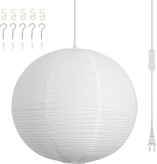 Paper Lantern Lamp Plug in Hanging Lamp 23.6in White Rice Paper Pendant Light with 19.7FT Cord Large Globe Japanese Japandi Wabi Sabi Chandelier for Dining Living Room Bedroom Office 1 Pack