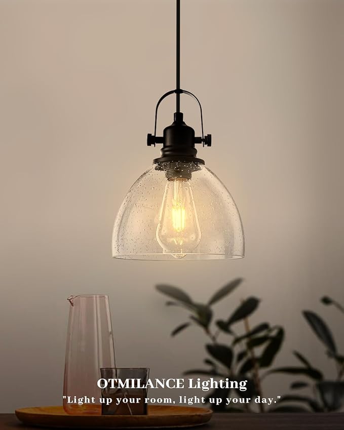7.5" Seeded Glass Pendant Light 1 Pack, Vintage Hanging Kitchen Lights, Black Glass Pendant Lighting for Kitchen Island, Dining Room, Bar, Cafe