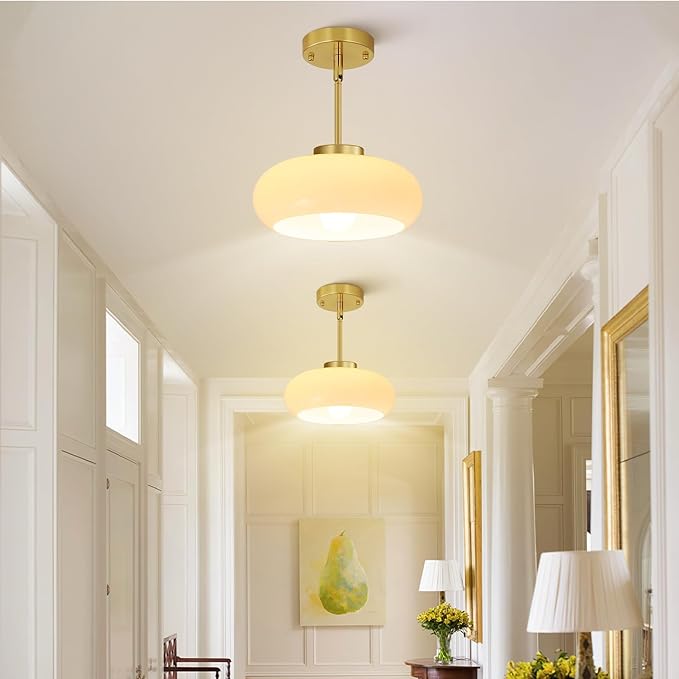 Yunnix Semi Flush Mount Ceiling Light, Gold Light Fixture, Mid-Century Modern Farmhouse Milk Glass Small Light Fixtures for Hallway, Bathroom, Kitchen, Bedroom, Living Room, Closet, Laundry