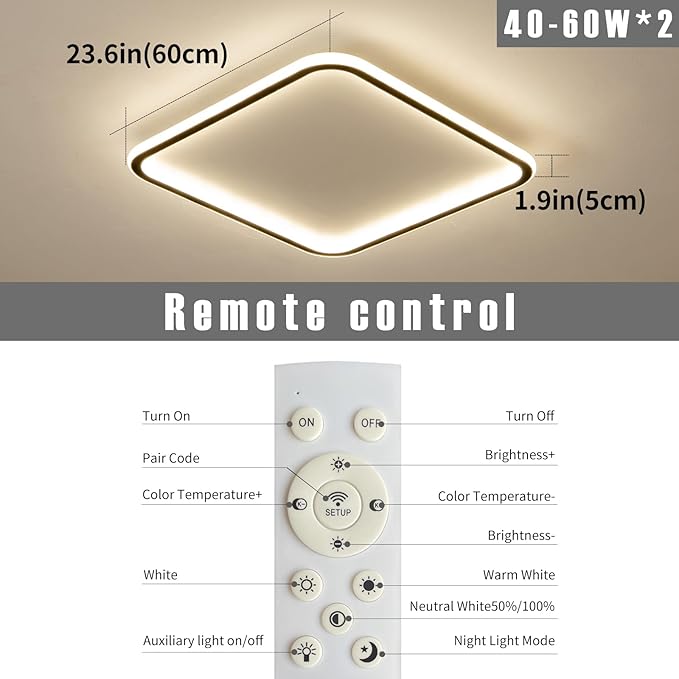 Modern LED Ceiling Light, 23.6IN Square Black Flush Mount Ceiling Lights Fixture with Remote Control, Acrylic Ceiling Lamp for Bedroom Hallway Kitchen Island, 3000k-6500k Dimmable