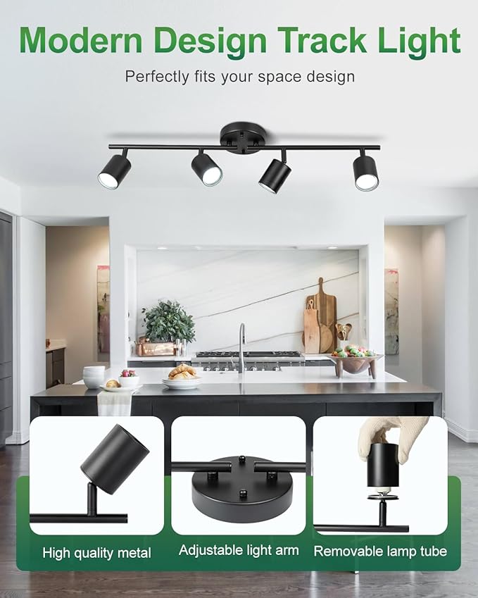 4 Ways Track Lighting, Rotatable Heads Tracks Light, Track Lightings Fixtures Ceiling with Foldable Arms, Modern Black Tracks Light for Kitchen, Living Room, Hallway(Bulbs Not Included)