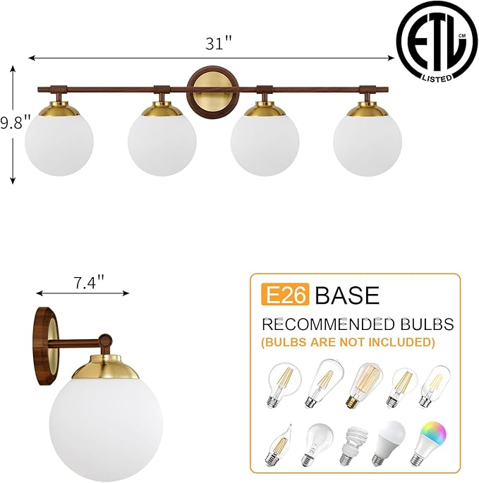 Rayogale Walnut Bathroom Light Fixtures, ETL 4 Lights Vanity Lights Over Mirror with Milk Glass Soft Lighting 32 Inch Bathroom Sconces(Exclude E26 Bulb)