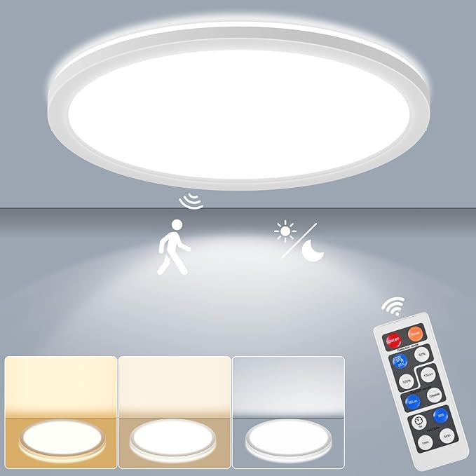 LEZOE 18W Motion Sensor LED Ceiling Light dimmable with Remote, 1800lm 8.7Inch 3000K/4000K/6500K Flush Mount Lighting Fixture, Radar Motion Activated Ceiling Lamp for Hallway Porch Stair Closet White