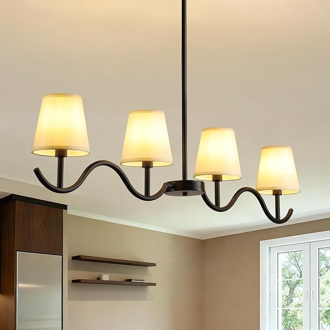 4-Light Linear Chandelier, 47"Black Farmhouse Light Fixture for Dining Room Kitchen Island, Modern Pendant Lighting with Fabric Shades, Adjustable Height Kitchen Island Light Fixture,E12 Base