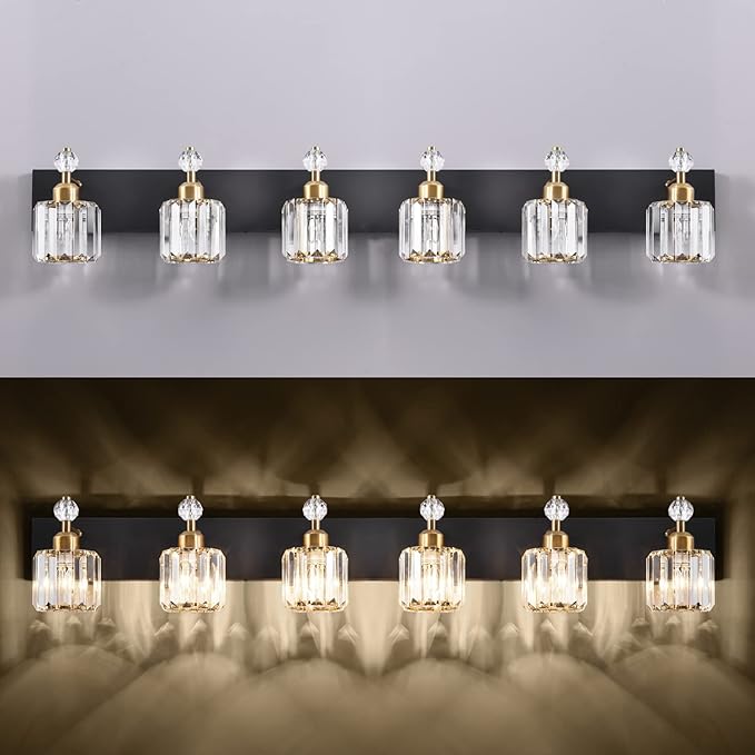 PRESDE Crystal 6 Light Bathroom Vanity Lights Black and Gold Bathroom Lights Fixtures Over Mirror Modern Bedroom Hallway