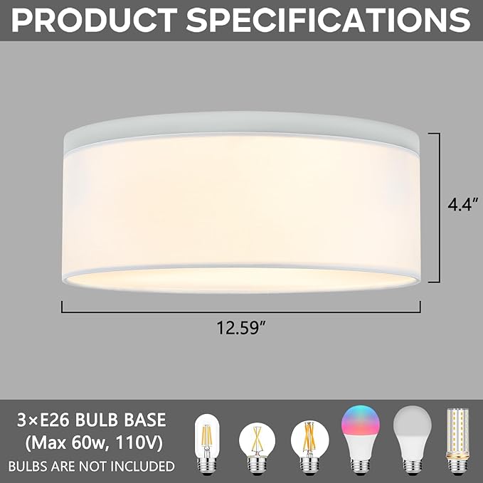 Luupyia 3-Lights Drum Ceiling Light Fixture 12.6 Inches, White Semi Flush Mount Ceiling Lighting with Fabric Drum Shade, Farmhouse Chandeliers for Bedroom, Hallway, Entry, Foyer E26 60W