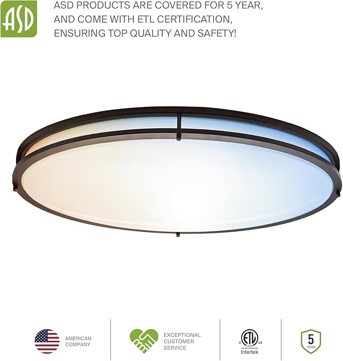 ASD LED 24" Oval Flush Mount Lighting, Close to Ceiling Light Fixture | 5CCT, Dimmable, ETL Listed | 38W 3289LM 2700-5000K 120V | Low Profile Double Ring Lamp | Dark Bronze