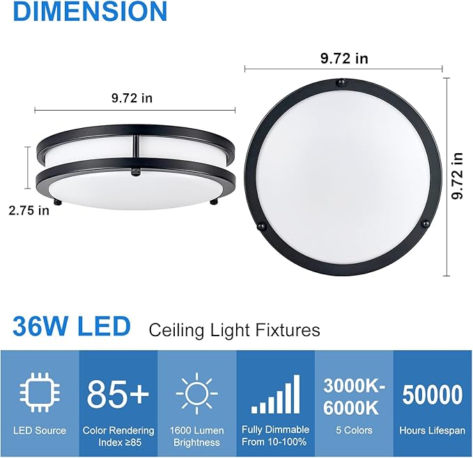 DLLT 2Pack Flush Mount LED Ceiling Light: 10 Inch 5CCT (3000K-6000K) & Dimmable Ceiling Light Fixtures for Bedroom Hallway - 18W Modern Black 1600LM Super Bright Kitchen Lighting Fixtures Ceiling