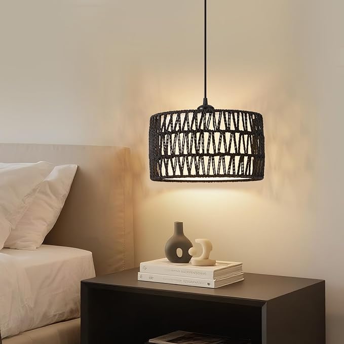 Plug in Pendant Light, Rattan Hanging Lights with Plug in Cord, Woven & Fabric 2 in 1 LampShade, Hanging Lamp Plug in for Bedroom Living Room Kitchen Island-Black (Bulb Included)