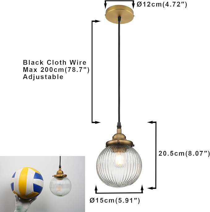 Yosoan 1-Light Vintage Kitchen Hanging Pendant Light Fixture, Single Hardwired Indoor Vanity Luxury Retro Textured Striped Round Glass Shade Samll Lamp for Dinning Room Living Room Island(Antique)