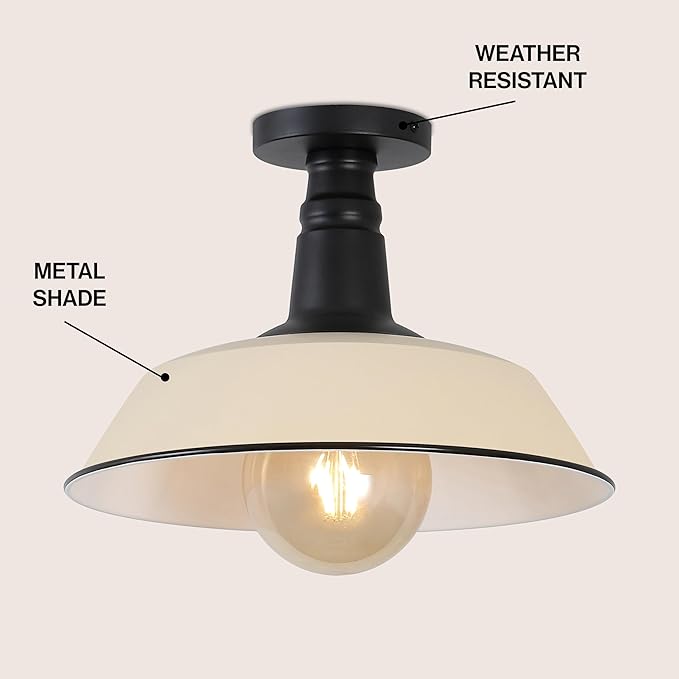 JONATHAN Y 14" Matte Almond/Black 1-Light Industrial LED Semi Flush Mount Ceiling Light for Porch, Kitchen, Entryway, Modern Farmhouse Iron Fixture, White Metal Shade, LED Bulb Included (JYL7617J)
