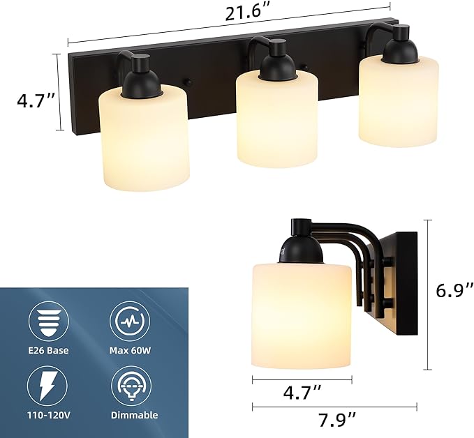 Mecgirn Milk Glass Vanity Lights for Bathroom, 3 Light Matte Black Bathroom Light Fixtures Over Mirror, Ceramic E26 Sockets Wall Mounted