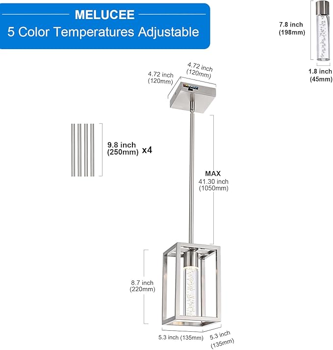 MELUCEE 3 Pack 15W LED Bubble Crystal Pendant Lights Kitchen Island, Modern Led Pendant Light 5 Color Temperature Adjustable, Brushed Nickel Dining Room Light Fixtures Adjustable Height, 3000-6000K
