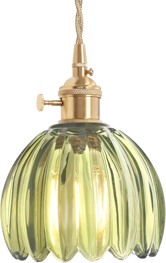 Shenmoyl Pendant Light with Green Tulip Glass Lmapshade, Brass Vintage Pendant Light Adjustable Hanging Light for Kitchen Island Dining Room Hallway