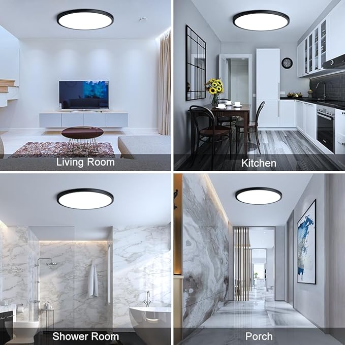 12inch 24W LED Ceiling Light Flush Mount, 6000K Cold White Ceiling Light, 3200LM Bright Round Lighting Fixtures, Flat Slim Black Ceiling Lights for Bedroom Kitchen Living Room Stairwell