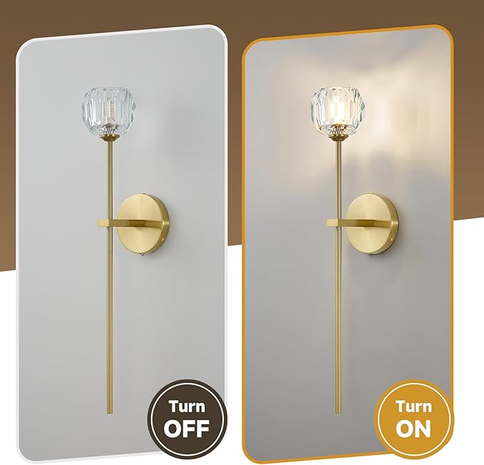 Gold Crystal Wall Sconces Set of Two with G9 Bulbs, Mid Century Modern Diamond Light Brass Vintage Long Lighting Fixture Hardwired for Elegant Vanity Living Room Bedroom Bathroom Hallway