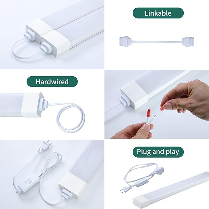 5000K LED Ceiling Light Fixture, 2FT with Plug Linkable, 2PCS Waterproof LED Tube Light Under Cabinet Lighting,Closet Light 18W for Garage Kitchen Bathroom Workbench and Office