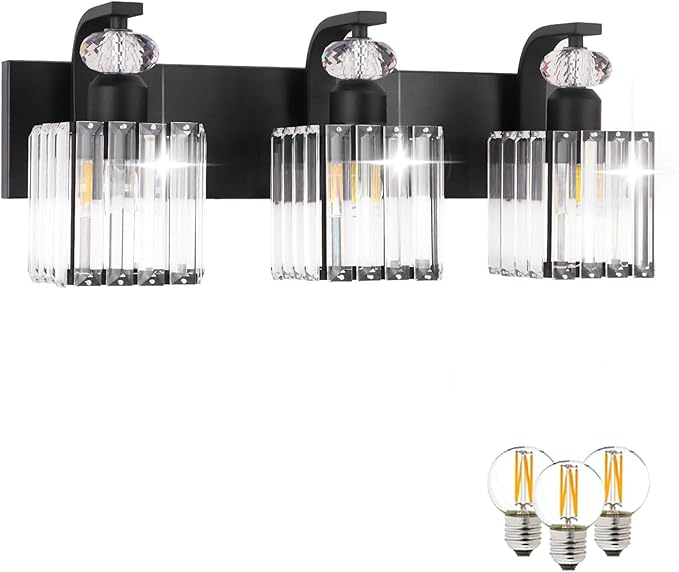 Modern Bathroom Vanity Light, 3-Light Black Bathroom Lighting Fixtures Over Mirror, 20.5" Crystal Wall Light Sconce for Bathroom/Bedroom/Vanity, Includes LED Bulbs, Easy Installation
