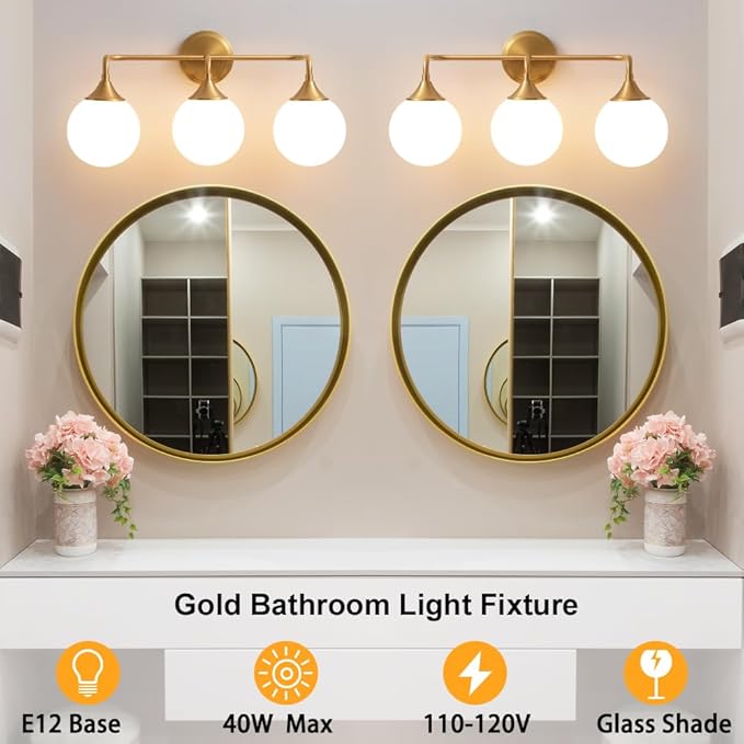 Gold Bathroom Light Fixtures, Modern Vanity Lighting Over Mirror, Mid Century Brushed Brass Wall Sconce 3-Light with Milky White Glass Ball Shades