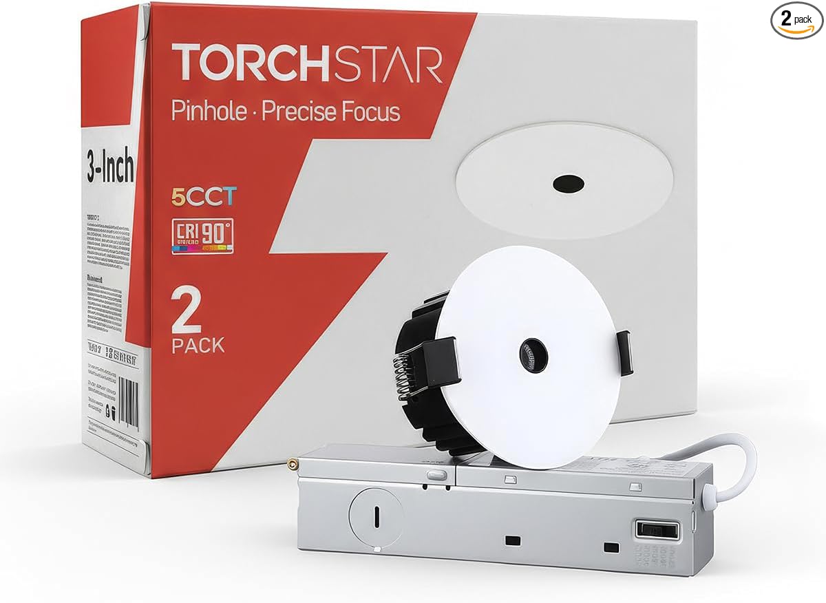 TORCHSTAR 3 Inch 5CCT LED Micro Pinhole Recessed Lights with J-Box, 24° Ultra-Narrow Trim Recessed Ceiling Spotlight, IC Rated, Dimmable, Anti-Glare, CRI 90, 2700-5000K, ETL FCC, Pack of 2