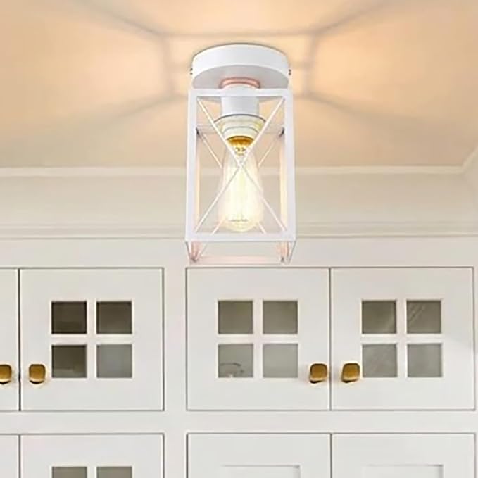 Ken & Ricky Modern Semi Flush Mount Ceiling Light, Close to Ceiling Light Fixtures with Small Metal Cage for Hallway Kitchen Sink Bedroom Bathroom Entryway Laundry (White,1PK)