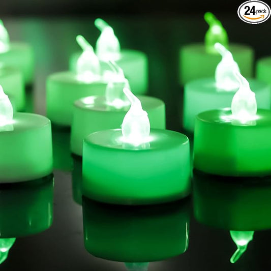 LANKER 24 Pack LED Tea Lights Candles, Flickering Green Flameless Tealights, Long Lasting Battery Operated Fake Candles, Decoration for Halloween and Christmas (Green - 24pcs)