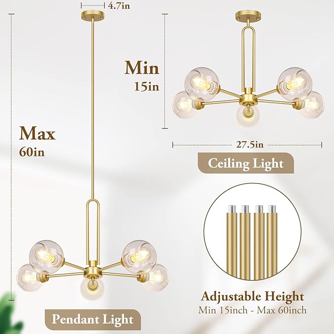 Globe Chandelier Pendant Lighting, Gold Modern Large Semi-Flush Ceiling Light Fixture with Clear Glass, 5-Light Sputnik Light Fixture Dining Room, for Kitchen Living Room Bedroom